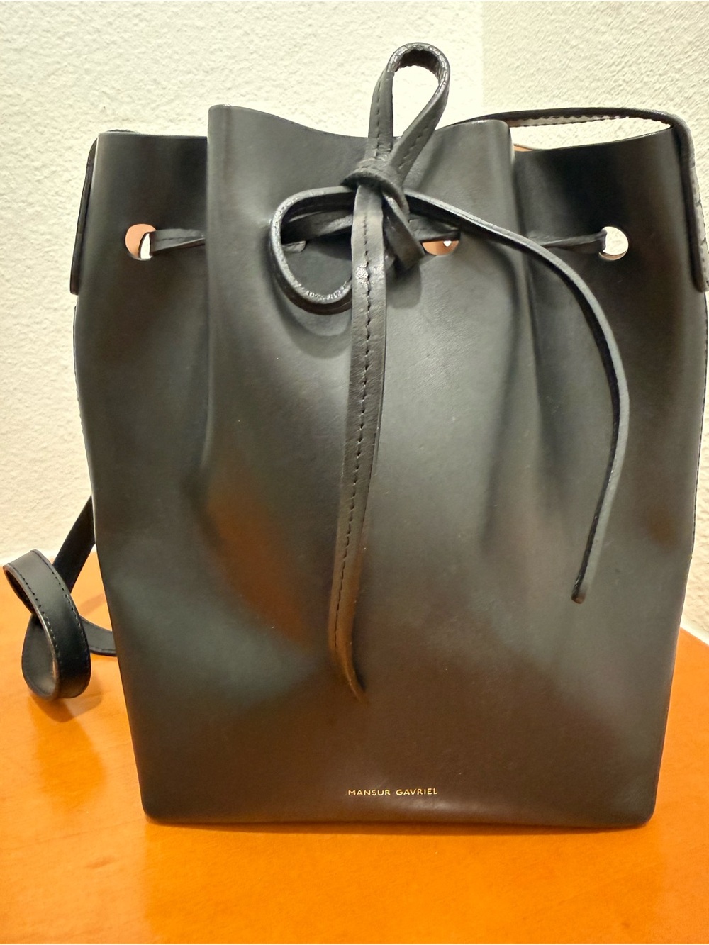 Mansur Gavriel Black Smooth Leather Drawstring Bucket Bag
